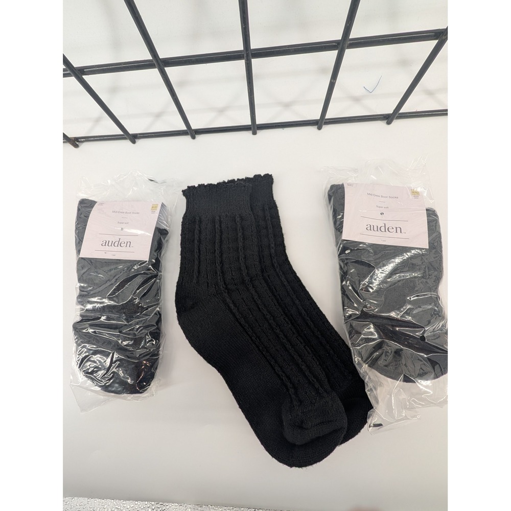 Auden Mid-Crew Boot Socks Womens 4-10 Black New 3 Pairs Ribbed Super Soft